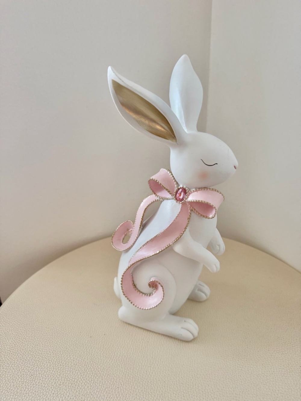 Elegant White Bunny Figurine with Pink Ribbon Accent
